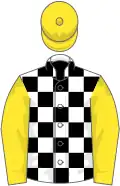 White and black check, yellow sleeves and cap