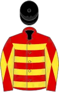 Red and yellow hoops, diabolo on sleeves, black cap