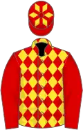 Red and yellow diamonds, red sleeves, red cap, yellow diamonds