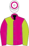 Cerise and lime green halved, sleeves reversed, white cap, cerise hoop