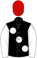 Black, large white spots and sleeves, red cap