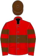 Red, brown hoop, hooped sleeves, brown cap