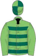 LIGHT GREEN and DARK GREEN HOOPS, light green sleeves, quartered cap