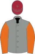 Grey, orange sleeves, maroon cap