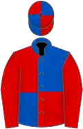 Royal blue and red (quartered), red sleeves, red and royal blue quartered cap