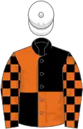 Black and orange quartered, checked sleeves, white cap