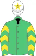 Emerald green, yellow chevrons on sleeves, white cap, yellow star