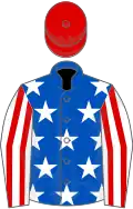Royal blue, white stars, white and red striped sleeves, red cap