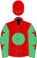 Red, emerald green disc, emerald green sleeves, red stars