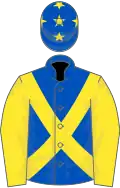 ROYAL BLUE, yellow cross sashes, yellow sleeves, royal blue cap, yellow stars