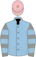 Light blue, grey hooped sleeves, pink cap