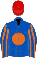 Royal blue, orange disc, striped sleeves, red cap