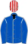 Royal blue, white seams, red and white striped cap