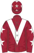 Maroon, white chevron, maroon sleeves, white stars and stars on cap