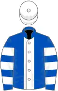 Royal blue, white stripe, hooped sleeves, white cap