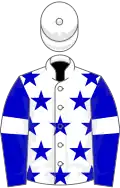 White, blue stars, blue sleeves, white armlets, white cap