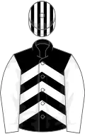 Black, white chevrons, white sleeves, striped cap