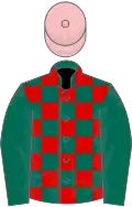 Dark green and red check, dark green sleeves, pink cap