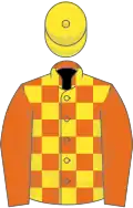 Orange and yellow check, orange sleeves, yellow cap