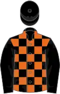 Black and orange check, black sleeves and cap