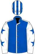Royal blue, white seams, white sleeves, royal blue stars, striped cap