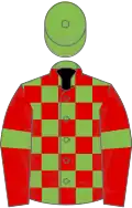 Light green and red check, red sleeves, light green armlets, light green cap