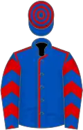 Royal blue, red seams, red and royal blue chevrons on sleeves, royal blue and red hooped cap