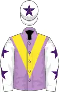 Mauve, yellow chevron, white sleeves, purple stars, white cap, purple star
