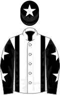 White, black braces, black sleeves, white stars, black cap, white star
