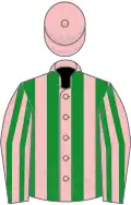 Green and pink stripes, pink cap