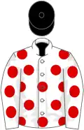 White, red spots, black cap