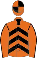 Orange, Black chevrons, Orange sleeves, Black seams, quartered cap