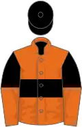 Orange, black hoop, halved sleeves, black cap