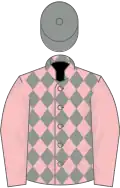 Pink and grey diamonds, pink sleeves, grey cap
