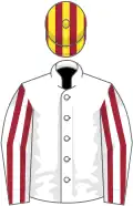 White, maroon, striped sleeves, maroon and yellow striped cap