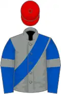 Grey, royal blue sash, royal blue sleeves, grey armlets, red cap
