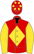 Red, yellow diamond and sleeves, yellow diamonds on cap