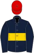 Dark blue, gold hoop, red cap