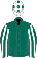 Dark green, white striped sleeves, white cap, dark green spots