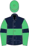 Dark blue, emerald green hoop, emerald green sleeves, dark blue armlets, emerald green cap