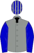 Grey, blue sleeves, striped cap