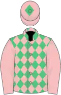 Emerald green and pink diamonds, pink sleeves, pink cap, emerald green diamond