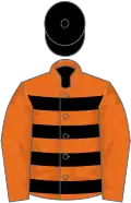 ORANGE and BLACK HOOPS, orange sleeves, black cap