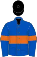 Royal blue, orange hoop and armlet, black cap