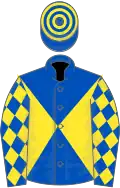 Royal blue and yellow diabolo, royal blue sleeves, yellow diamonds, hooped cap