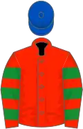 Scarlet, green hooped sleeves, royal blue cap