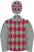 Grey and maroon diamonds, grey sleeves, grey cap, red diamonds