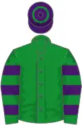 Green, purple hooped sleeves, purple cap, green hoop