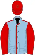 Light blue, red seams, red sleeves and cap
