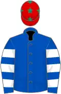 Royal blue, white hooped sleeves, red cap, emerald green stars